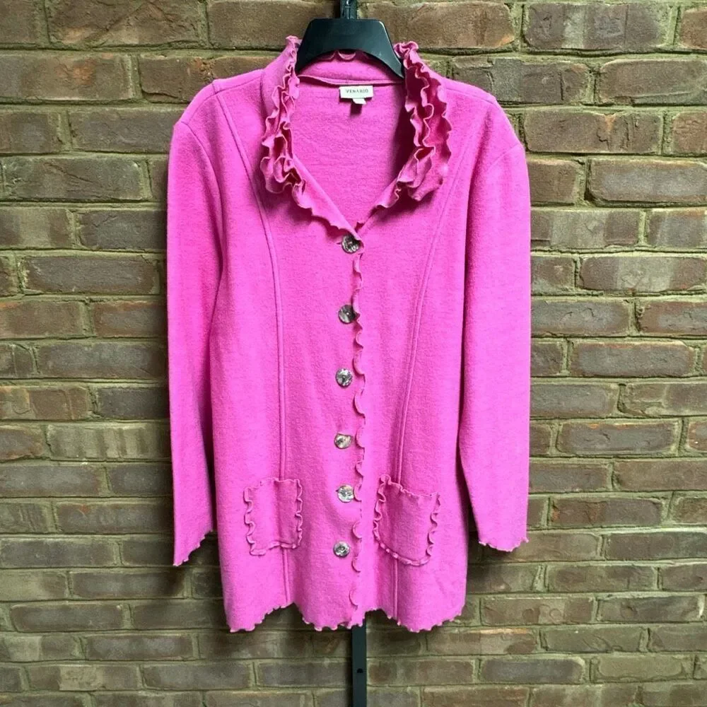 Venario Womens Pink Ruffle Neck Button Wool Jacket Size Large - Picture 2 of 7